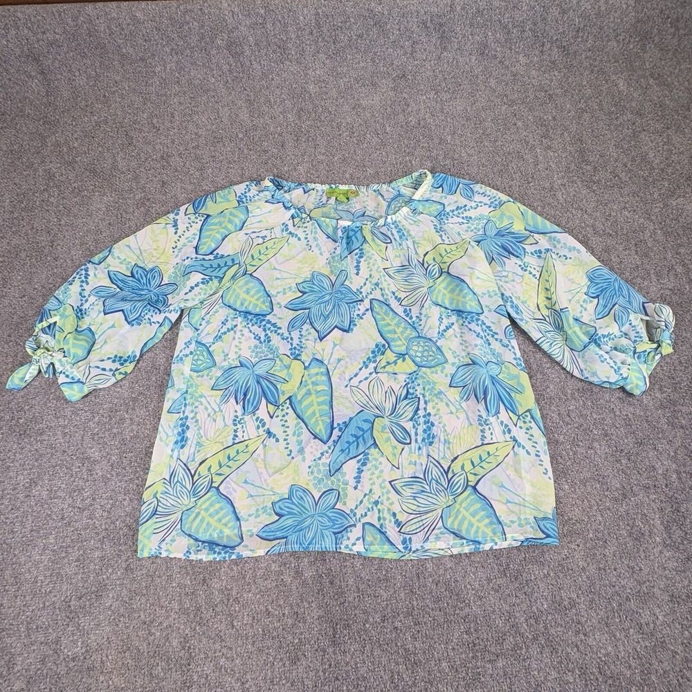 Island Republic Blouse Womens L Blue Hawaiian Tropical Sheer Tie Sleeves Boho